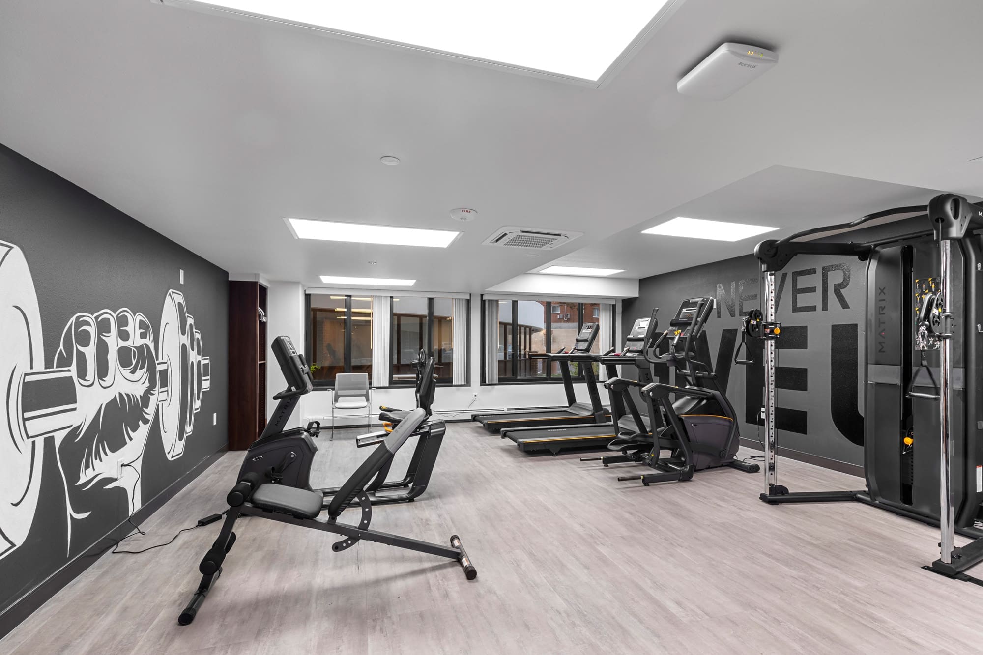Spacious commercial gym with exercise bikes, treadmills, and strength equipment; ideal fitness amenity for residential or vacation rentals.